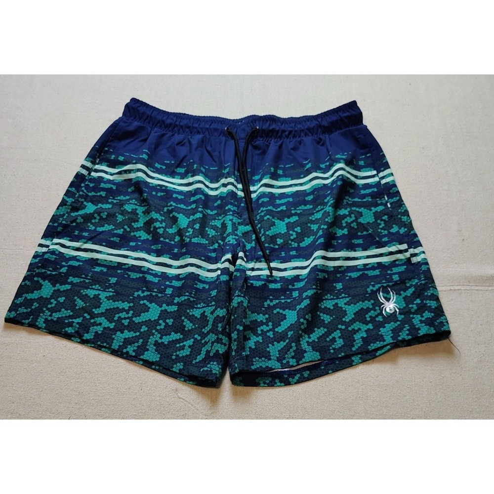 Spyder Swim Trunks Mens XL Blue Teal Hex Pattern Board Shorts UV Protection 22
